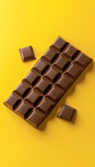 Chocolate bar creative advertising banner. Chocolate bar on yellow background. Energy sweet food calorie