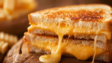 Close-up of a gooey grilled cheese sandwich oozing with melted cheese, a beloved comfort food