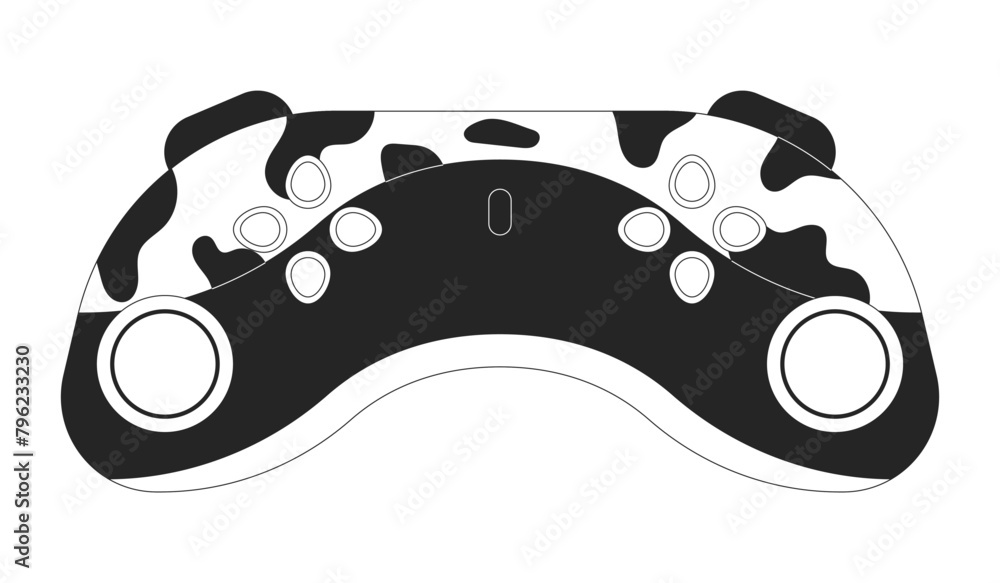 Poster controller joystick black and white 2d line cartoon object. gaming console isolated vector outline i