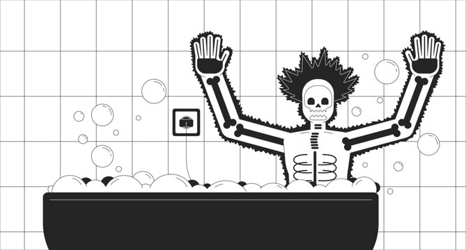 Person getting electrocuted in bathroom cartoon flat illustration. Victim of electric short circuit in bath 2D character monochrome background. Danger at home scene vector storytelling image