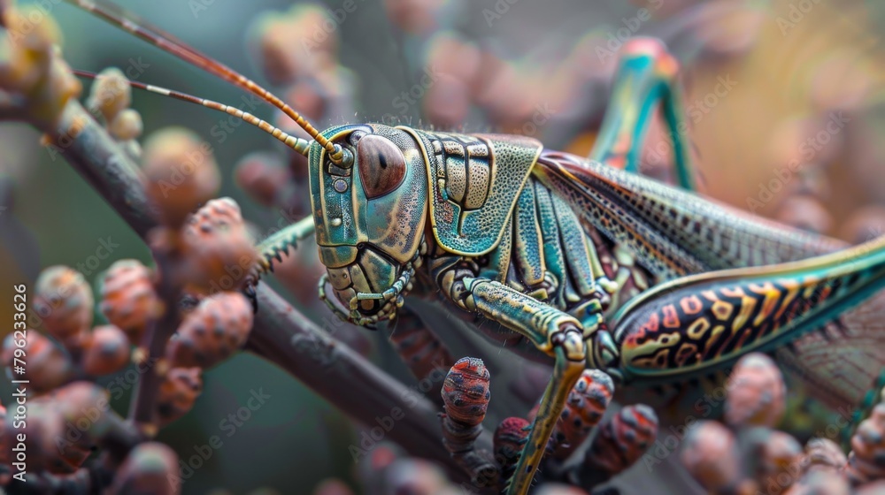 Poster Close-up of a grasshopper perched on a twig, its intricate patterns and colors blending with the surroundings