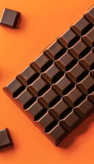 Chocolate bar creative advertising banner. Chocolate on orange background. Sweet energy food calorie