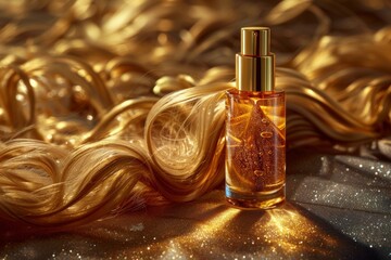 A bottle of golden cosmetic hair oil sits amidst a cascade of shiny, wavy hair strands.