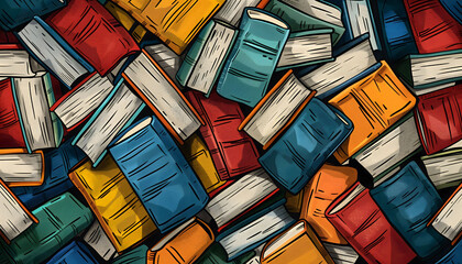 Colorful books scattered around, creating a beautiful backdrop