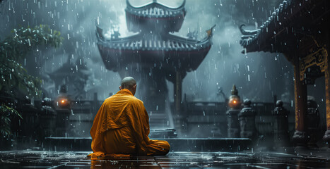 A monk meditates calmly in the rain, his robes glistening with droplets. The rain falls gently around him, creating a serene and peaceful atmosphere. Generative AI. - obrazy, fototapety, plakaty