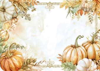 Watercolor autumn flowers, leaves and pumpkins in pastel colors bordering around a gold filigree frame decoration - obrazy, fototapety, plakaty