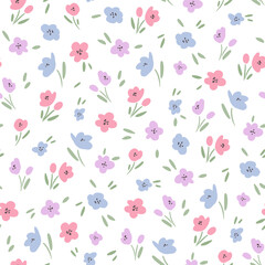 Simple floral pattern. Vector seamless texture with pink and blue flowers on white background