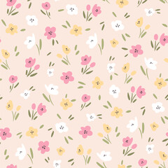 Simple floral pattern. Vector seamless texture with pink and yellow flowers on beige background
