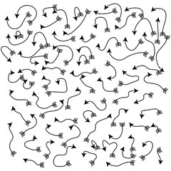 Doodle arrows.  Hand drawn thin line arrows set.  Many vector curvy and wavy arrows isolated on white background.