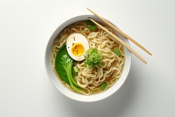 Close-up of a plate of udon with pork with egg noodles and herbs, restaurant serving,  generated by...