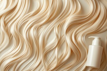 A shampoo bottle with a pump dispenser rests amid graceful cream swirls on a white background.