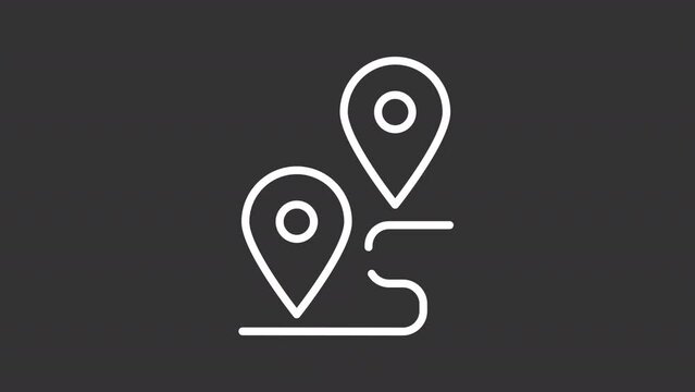 Animated route white icon. Road and location pins line animation. Travel planning. Navigation and tracking. Isolated illustration on dark background. Transition alpha video. Motion graphic