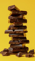 Chocolate bar stack creative advertising banner. Pile of chocolate pieces on yellow background
