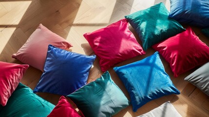 Blank mockup of a set of velvet pillows in jewel tone shades of emerald sapphire and ruby. .