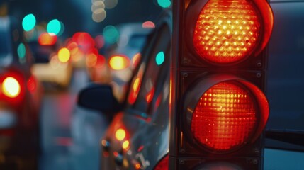 Close-up of a red traffic light signaling a halt to the flow of vehicles, contributing to congestion