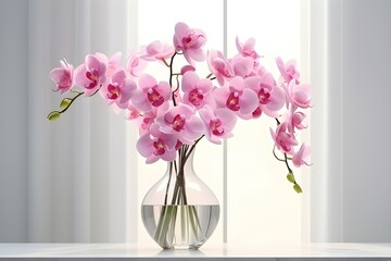 Close-up of a transparent vase with orchids on the background of a white room,  generated by AI
