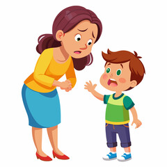 Mother is disciplining her child and the boy cry so sad, solid white background (8)