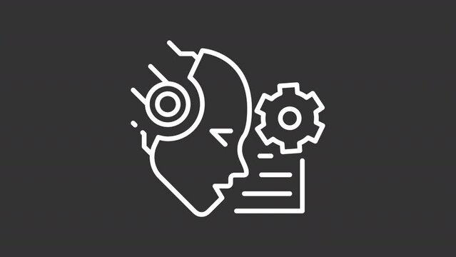 AI reads white line animation. Animated robotic head and text document icon. Cognitive computing. Text processing. Isolated illustration on dark background. Transition alpha video. Motion graphic