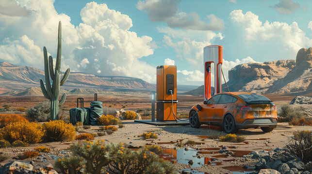 Road trippers organize their luggage at an EV charging station, remote desert road