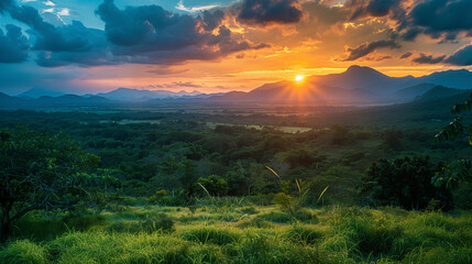 Fototapeta na wymiar A beautiful sunset over a lush green field