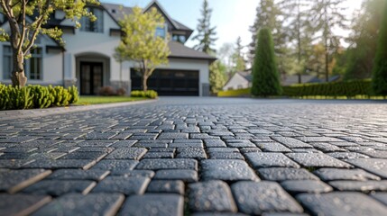 Fototapeta premium Street view of rustic style stone paving residences, in a modern residential suburban.
