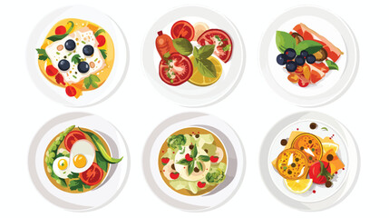 Set of plates with delicious dishes on white background