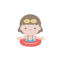 Kid wearing float rings, Cute Kids cartoon Pool party characters, child spending holidays in seaside or swimming pool on white background Vector illustration