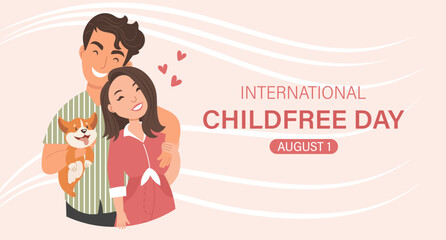 International Childfree Day banner. Happy young married couple without children. Childfree ideology. Voluntary childlessness. Illustration
