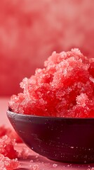 Bowl of vivid red shaved ice, macro close-up, enticing summer vibe, simple setting, padding margins - obrazy, fototapety, plakaty