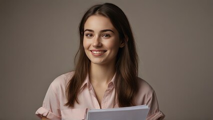 Film producer 25 year old woman with papers in hand looking sideways with confident smile blushing...