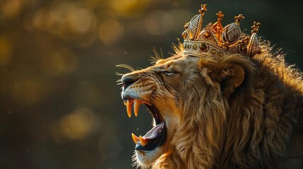 Brave lion wearing a crown roars majestically on a white stage