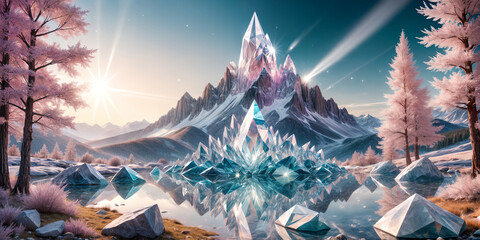 Generate an image of a crystalline landscape where everything, from trees to mountains, is made of sparkling gemstones - obrazy, fototapety, plakaty