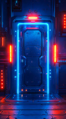 Futuristic space station with neon lights. - obrazy, fototapety, plakaty