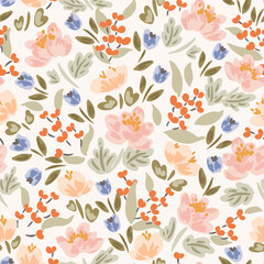 Delicate petals and leaves forming a floral pattern with pastel pink,orange,sage green,pastel peach,cream. Great for homedecor,fabric,wallpaper,giftwrap,stationery,packaging design projects.