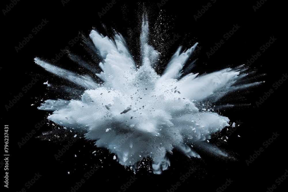 Poster high-contrast image of white powder exploding on a dark backdrop, suitable for graphic design projec