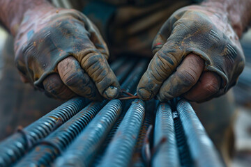 Workers hands tying steel rods - obrazy, fototapety, plakaty