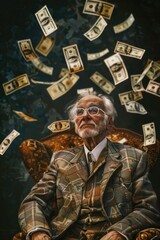 A man sitting in a chair surrounded by flying money. Suitable for financial concepts