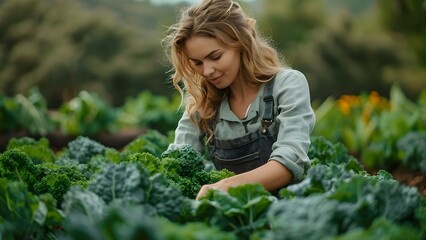 Woman peacefully tends to kale in lush urban garden creating sustainable oasis. Concept Gardening, Kale, Urban Farming, Sustainability, Relaxation