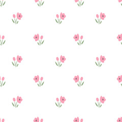 Simple floral pattern. Vector seamless texture with pink flowers on white background
