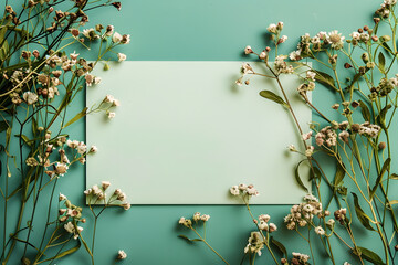 Stylish elegant flat lay olive green floristic greeting invitation post card with copy space mockup. - obrazy, fototapety, plakaty