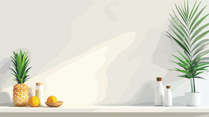 Shelf unit with pineapple and plant near white wall illustration