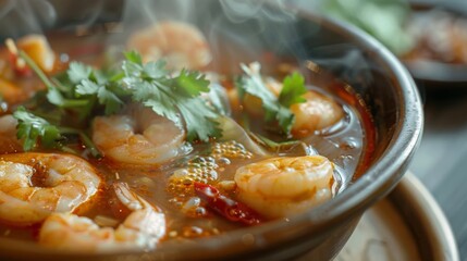 Close-up of a steaming bowl of spicy tom yum soup garnished with fresh herbs and shrimp