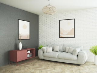 Jasne nowoczesne wnętrze pokoju salonu z ścianą z cegłą i dużą szarą sofą z poduszkami - obrazy, fototapety, plakaty