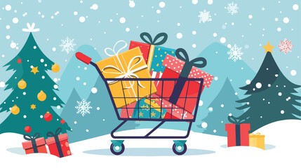 Shopping cart full of gift box and tree christmas. Vector