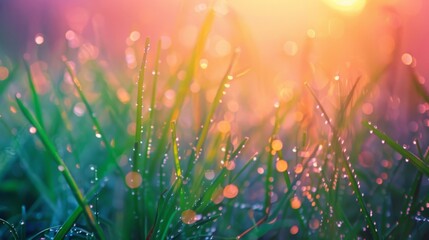 Close-up of dew-kissed grass under the gentle glow of sunrise, capturing the beauty of morning tranquility