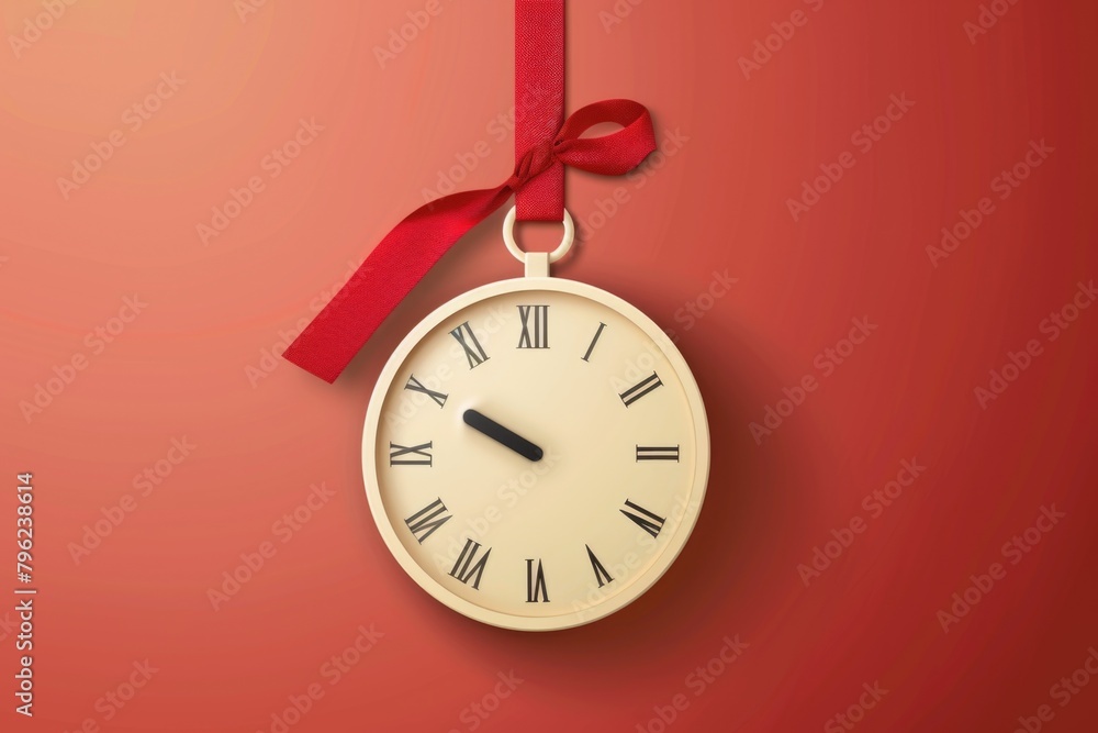 Poster a clock hanging from a red ribbon on a red wall. suitable for time management concepts