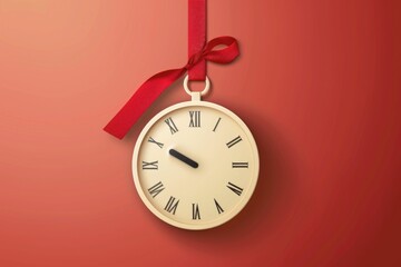 A clock hanging from a red ribbon on a red wall. Suitable for time management concepts