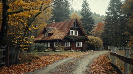 A house situated in the middle of a road covered with fallen leaves. Suitable for real estate or autumn themes - obrazy, fototapety, plakaty