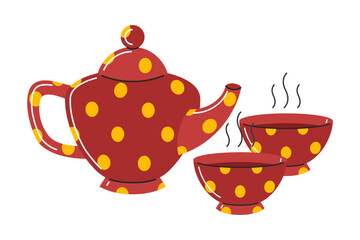 Teapot and cups. Tea kettle with two bowls. Vector illustration	

