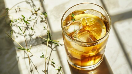 A refreshing glass of cold brew iced tea with lemon and thyme, minimalist style, strong shadows on a bright surface conveying the heat of summer